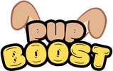 Logo with 'Pup Boost' text and cartoon dog ears on a white background